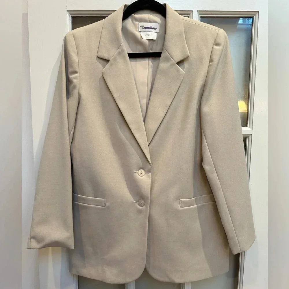 Vintage TanJay Tan Cream Button Down Blazer Jacket Women’s Size 8 Medium Tan Jay